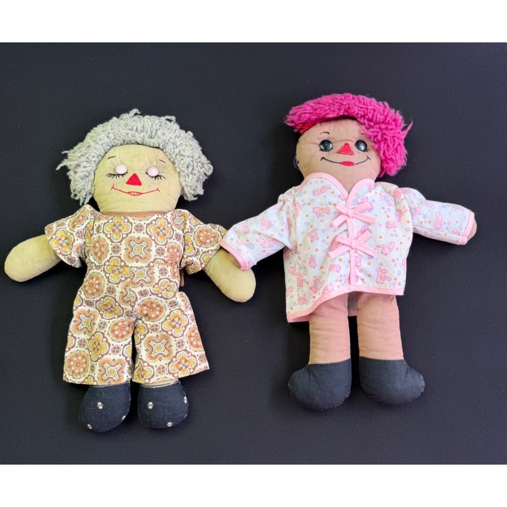 Raggedy Ann & Andy Cloth Dolls Homemade Old Antique? Open Button Eyes Closed